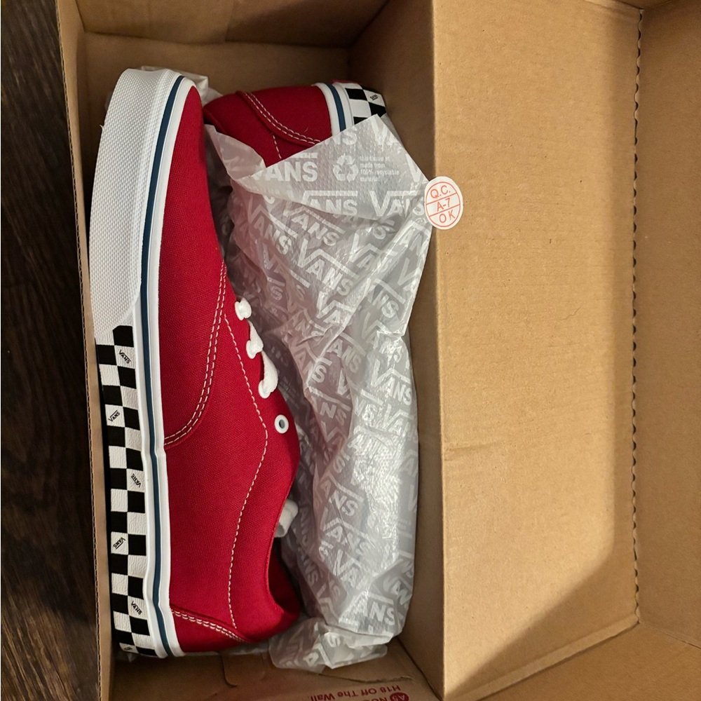 Vans Red Canvas Shoes with Checkered Sole